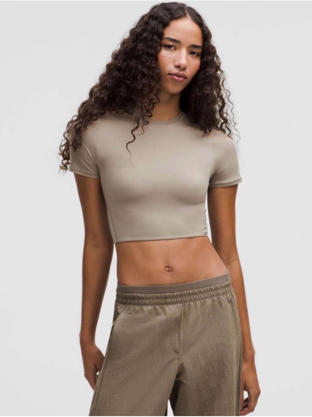 Lululemon Wundermost Ultra-Soft Nulu Crewneck Cropped T-Shirt- Warm Ash Grey